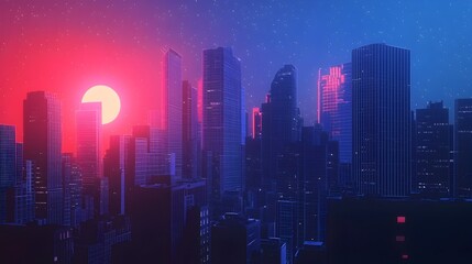 Fototapeta premium Glowing Cityscape at Nightfall with Layered Skyscrapers and Starry Sky A paper cut style design featuring the silhouettes of towering high rise buildings against a vibrant night sky with a full