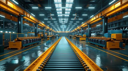 A spacious industrial warehouse featuring a long conveyor belt, bright overhead lights, and machinery along the sides, creating a modern manufacturing environment.