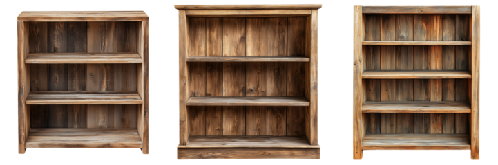 A rustic wooden bookshelf with open shelves and a distressed finish, isolated on a transparent background