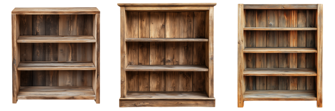A rustic wooden bookshelf with open shelves and a distressed finish, isolated on a transparent background