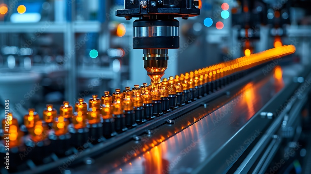 Aufkleber A high-tech manufacturing line with precision machinery producing illuminated components, focusing on efficiency and automation in industry.