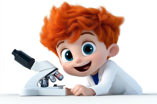 a 2D cartoon illustration of a child looking through a microscope for science class investigative and fun white background