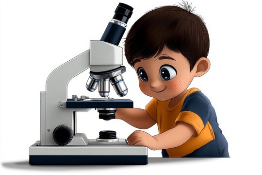 a 2D cartoon illustration of a child looking through a microscope for science class investigative and fun white background
