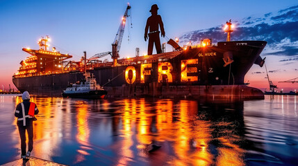 Fototapeta premium silhouette of large oil tanker at dawn, with person standing by waters edge, reflecting vibrant colors of sky. scene captures blend of industrial and natural beauty