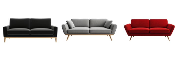 A modern, minimalist sofa with clean lines and wooden legs, isolated on a transparent background