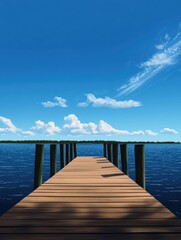 Obraz premium A tranquil wooden dock extends into a calm blue lake under a vibrant sky, adorned with fluffy white clouds. This serene landscape invites relaxation and contemplation amidst nature's beauty.