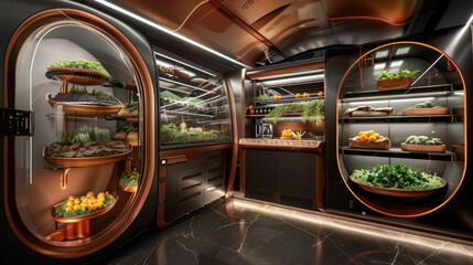 Fototapeta premium Smart greenhouse with hydroponic systems showcasing vibrant plants and vegetables. modern design features circular shelves and sleek interior, creating futuristic atmosphere