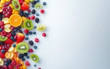 Obraz premium A colorful arrangement of fresh fruits, including strawberries, kiwis, and oranges, creates a delightful and healthy snack display. Perfect for summer parties and nutritious recipes.