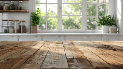 Kitchen bench interior with wooden table and blurred background