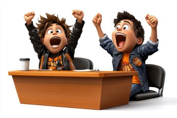 a 2D cartoon illustration of a student clapping after finishing a science experiment accomplished and happy white background