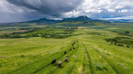 Fototapeta premium Lush green hills with grazing cows under dramatic sky create serene rural landscape. rolling terrain and distant mountains enhance peaceful atmosphere of nature