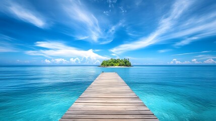 Obraz premium Beautiful tropical landscape background, concept for summer travel and vacation. Wooden pier to an island in ocean against blue sky with white clouds, panoramic view. 