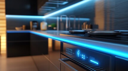 Modern kitchen with sleek design and ambient lighting.