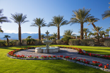 Obraz premium Tiered fountain with palm trees and red flowers
