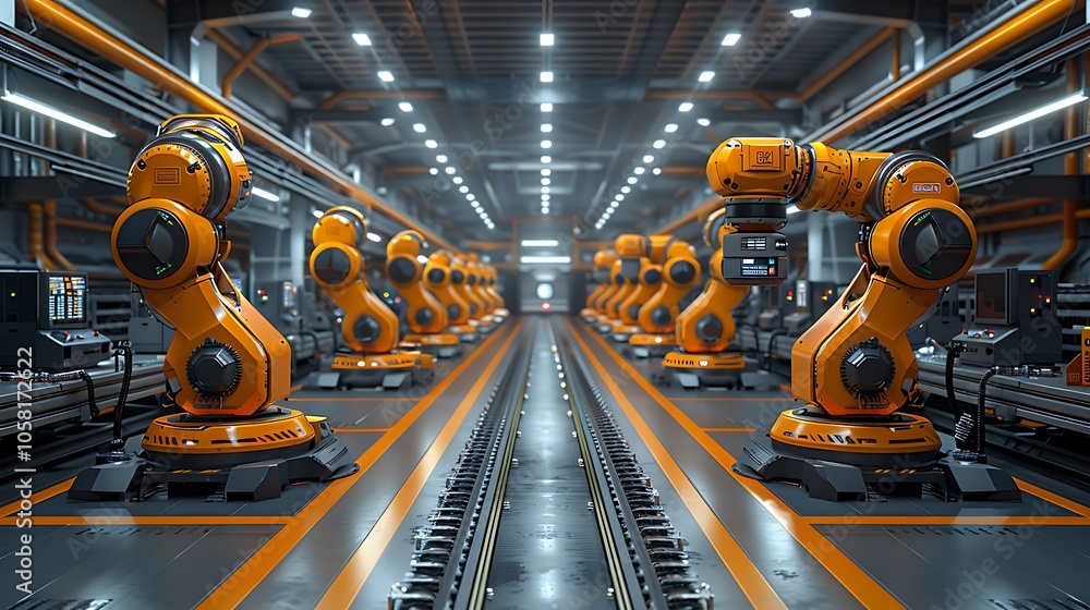 Poster A futuristic factory scene showcases rows of robotic arms, displaying advanced automation technology in a well-lit industrial environment.