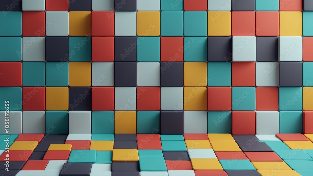 Poster vibrant colorful tile pattern with 3d geometric blocks in modern design