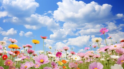 Colorful blooming spring flowers in a vibrant field under a bright blue sky with soft clouds, nature floral landscape in full blossom
