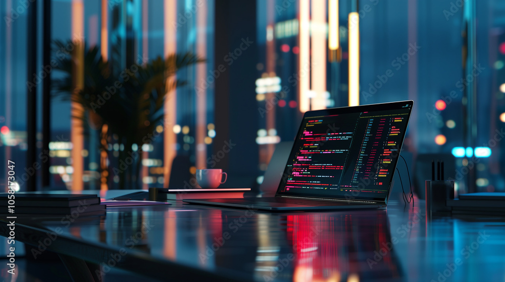 Poster software codes display on screen of a laptop on the table in modern office, web development software