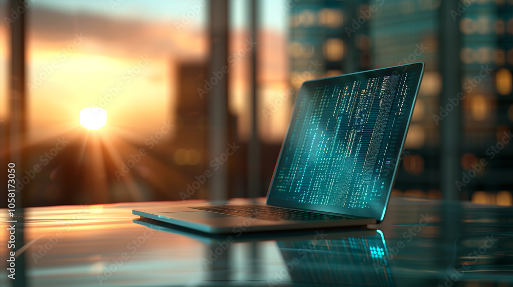 Poster software codes display on screen of a laptop on the table in modern office, web development software