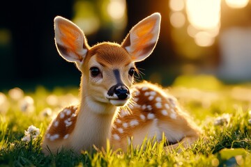 Baby deer nestled in a grassy meadow, with a gentle expression and soft lighting capturing the innocent, untouched beauty of wildlife, symbolizing nature and tenderness