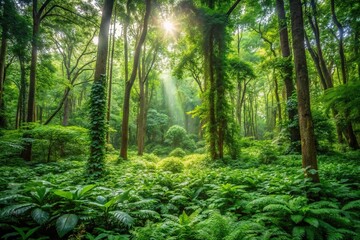 Dense foliage with towering trees and underbrush covering the ground, nature, earthy tones, trees, woodland creatures, natural scenery