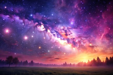 Dreamy galaxy landscape with a vibrant purple sky and twinkling stars, celestial, galaxy, cosmic