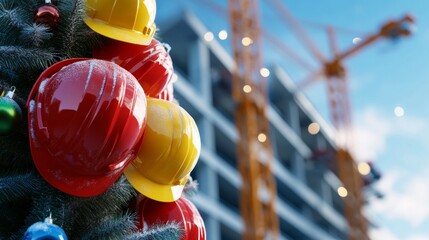 Hard hats hung on a decorated Christmas tree, snowy construction site, 3D illustration