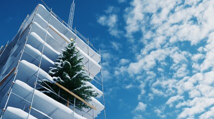 High-rise construction with Christmas tree on scaffold, snowy holiday theme, 3D illustration