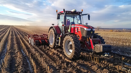 Obraz premium Tractor with plow attachment working through soil in field, showcasing agricultural machinery in action. scene captures essence of farming and land preparation