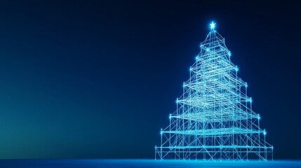 Scaffolding resembling Christmas tree, lights and decorations, 3D illustration