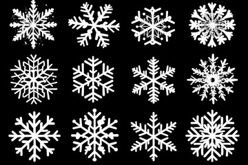 White snowflake designs on black background arranged in a grid showcasing intricate details and symmetrical patterns that highlight the beauty of natural frost formations