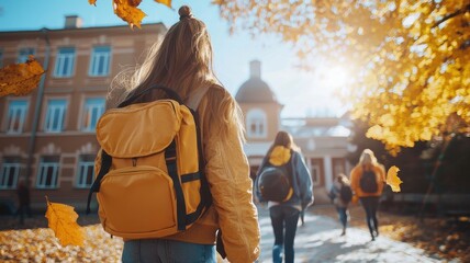 Fototapeta premium Students walking in autumn, orange leaves falling, sunny day, university campus, joyful