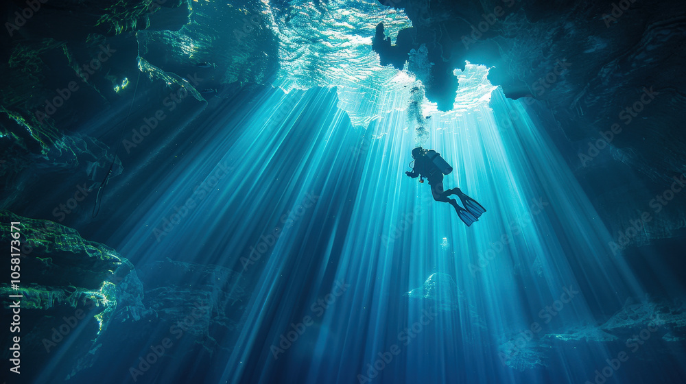 Poster dramatic underwater scene featuring diver exploring cave illuminated by stunning rays of light filte