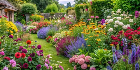 Lush and vibrant flower border in a cottage garden setting with a mix of annuals and perennials, garden design, botanicals