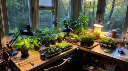 Naklejka premium Indoor gardening setup with various plants under LED lights, showcasing vibrant green environment. scene captures essence of nurturing and growth in cozy workspace