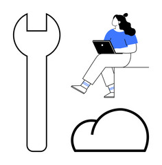 Woman working on laptop while sitting on platform, large wrench symbol, and cloud icon. Ideal for tech support, cloud computing, online work, remote work, IT services, digital tools, and innovation