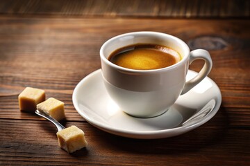 Rich, velvety-smooth coffee in a demitasse cup with a sugar cube on the side, caffeine, espresso, warm lighting, morning routine