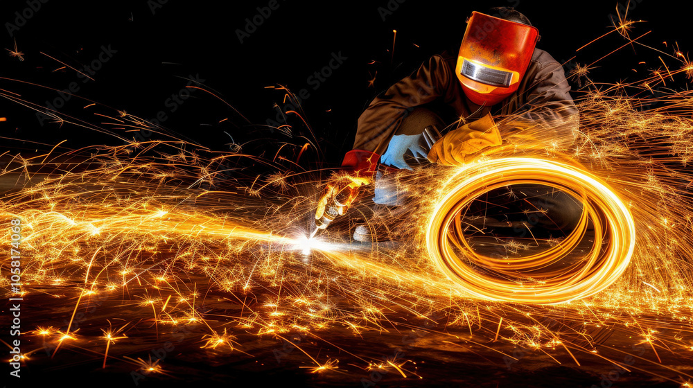 Poster welder wearing helmet in action, creating sparks while working on metal. dynamic scene captures inte