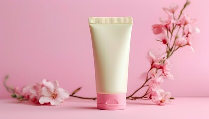 Pink cream tube on pastel pink background.