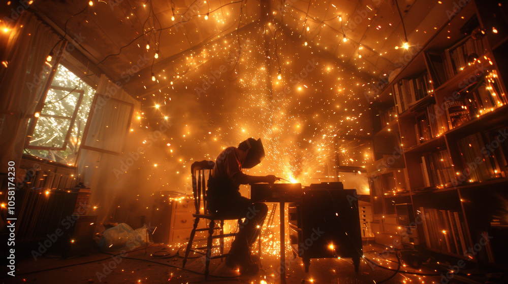 Poster welding sparks illuminate dark workshop, creating mesmerizing display of light and energy. scene cap