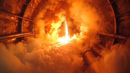 Intense flames and bright orange light fill scene as welding torch emits powerful flame, surrounded by thick clouds of smoke. atmosphere is charged with energy and heat