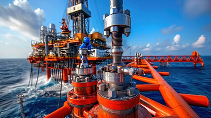 vibrant offshore oil rig stands against clear blue sky, showcasing intricate drilling equipment and pipes. scene captures essence of industrial energy and maritime operations