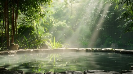 Fototapeta premium A serene, misty landscape featuring a tranquil pool surrounded by lush greenery and dappled sunlight filtering through the leaves.