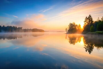 Fototapeta premium A serene lake at dawn with misty fog rising from the water's surface, pond, forest, greenery
