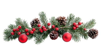 Snowberries with green twigs of Christmas tree, red decorations isolated on white background 