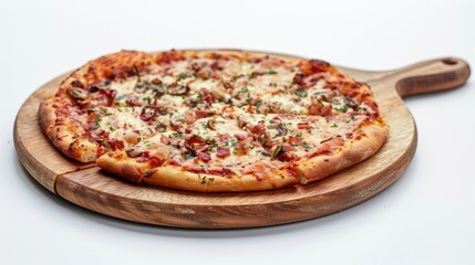 Wooden pizza board against white backdrop