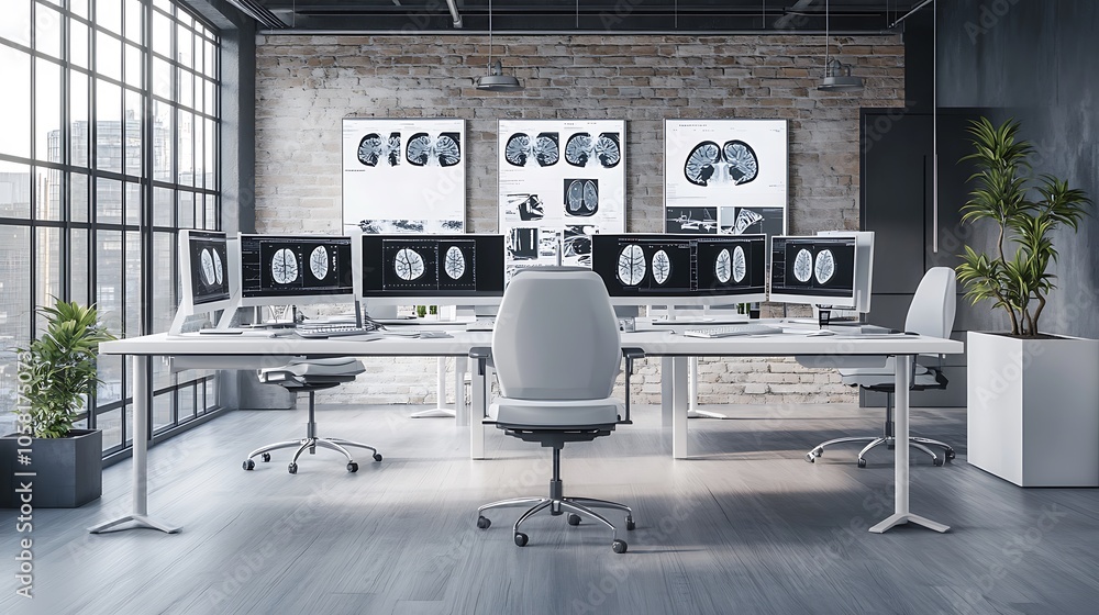 Aufkleber modern office with multiple monitors displaying medical imaging in a bright workspace.