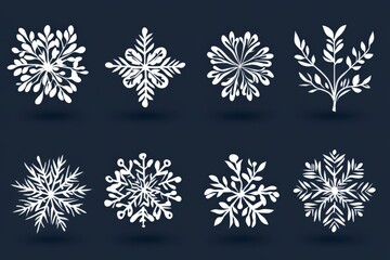 White vector snowflake icons on a navy background arranged in a neat grid showcasing a variety of symmetrical intricate patterns that capture the essence of winter