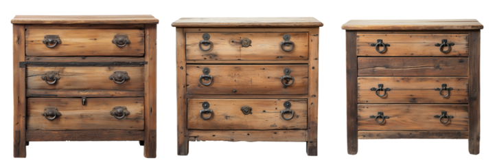 A rustic wooden dresser with three wide drawers, featuring sturdy metal handles and a distressed finish, isolated on a transparent background