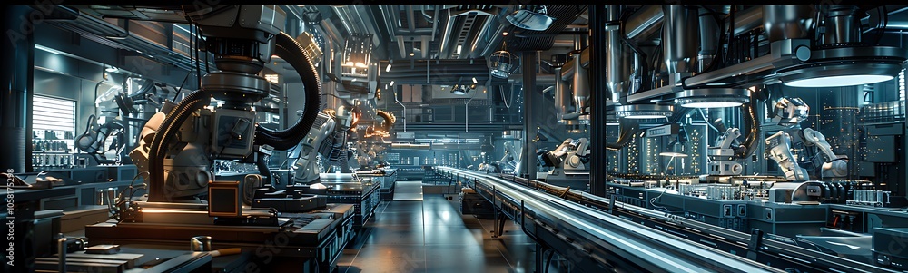 Poster a futuristic industrial setting filled with robotic machinery, advanced technology, and intricate li
